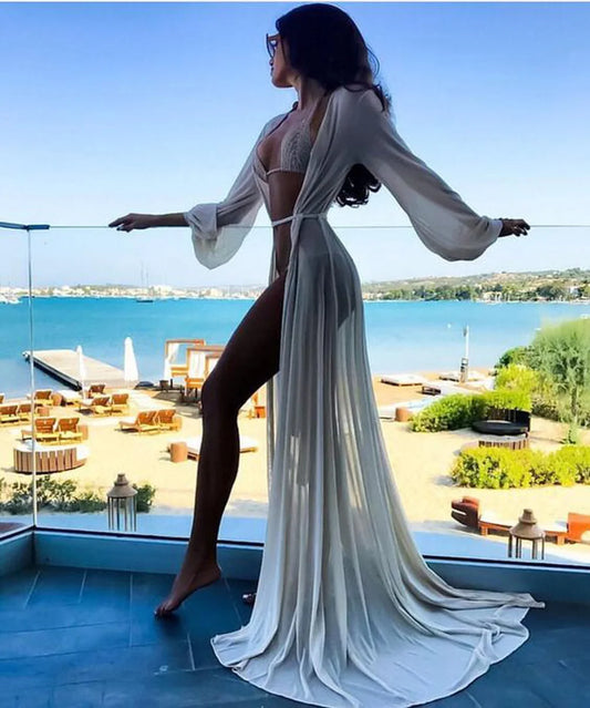 Summer New Hot Sale Women Sexy Chiffon See-Through Bikini Long Cover Up Swimsuit Swimwear Beach Dress Bathing Suit Cover-Ups