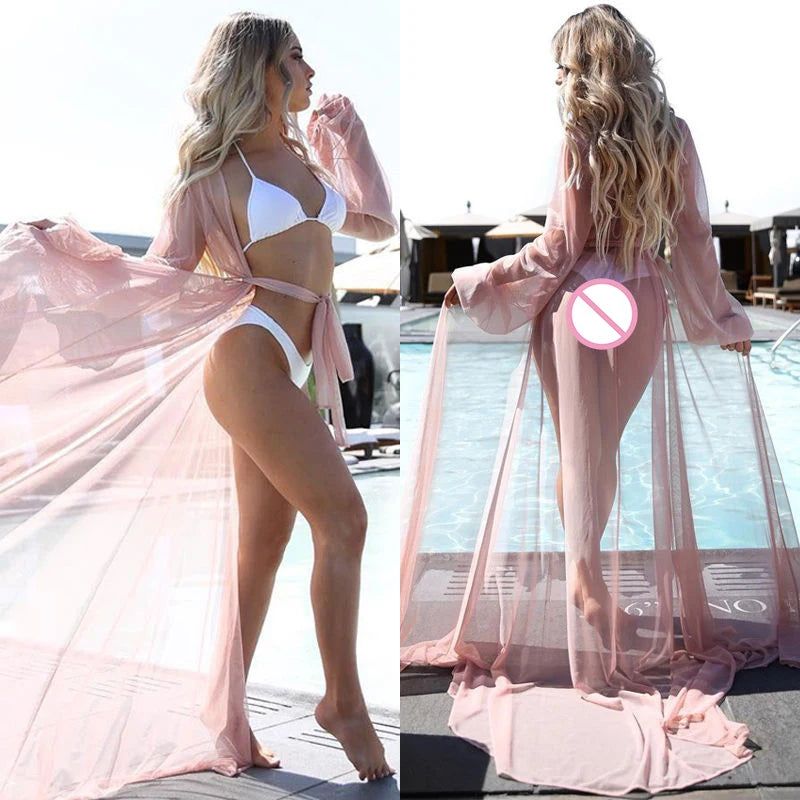 Summer New Hot Sale Women Sexy Chiffon See-Through Bikini Long Cover Up Swimsuit Swimwear Beach Dress Bathing Suit Cover-Ups