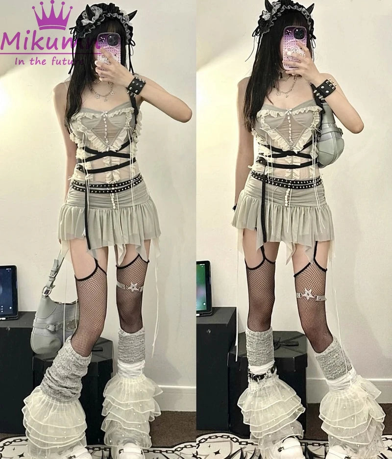Y2k Two Piece Set Outfit Aesthetic Fairy Grunge Mesh Irregular Short Skirt And Crop Top 2023 Summer New Chic Women Matching Sets
