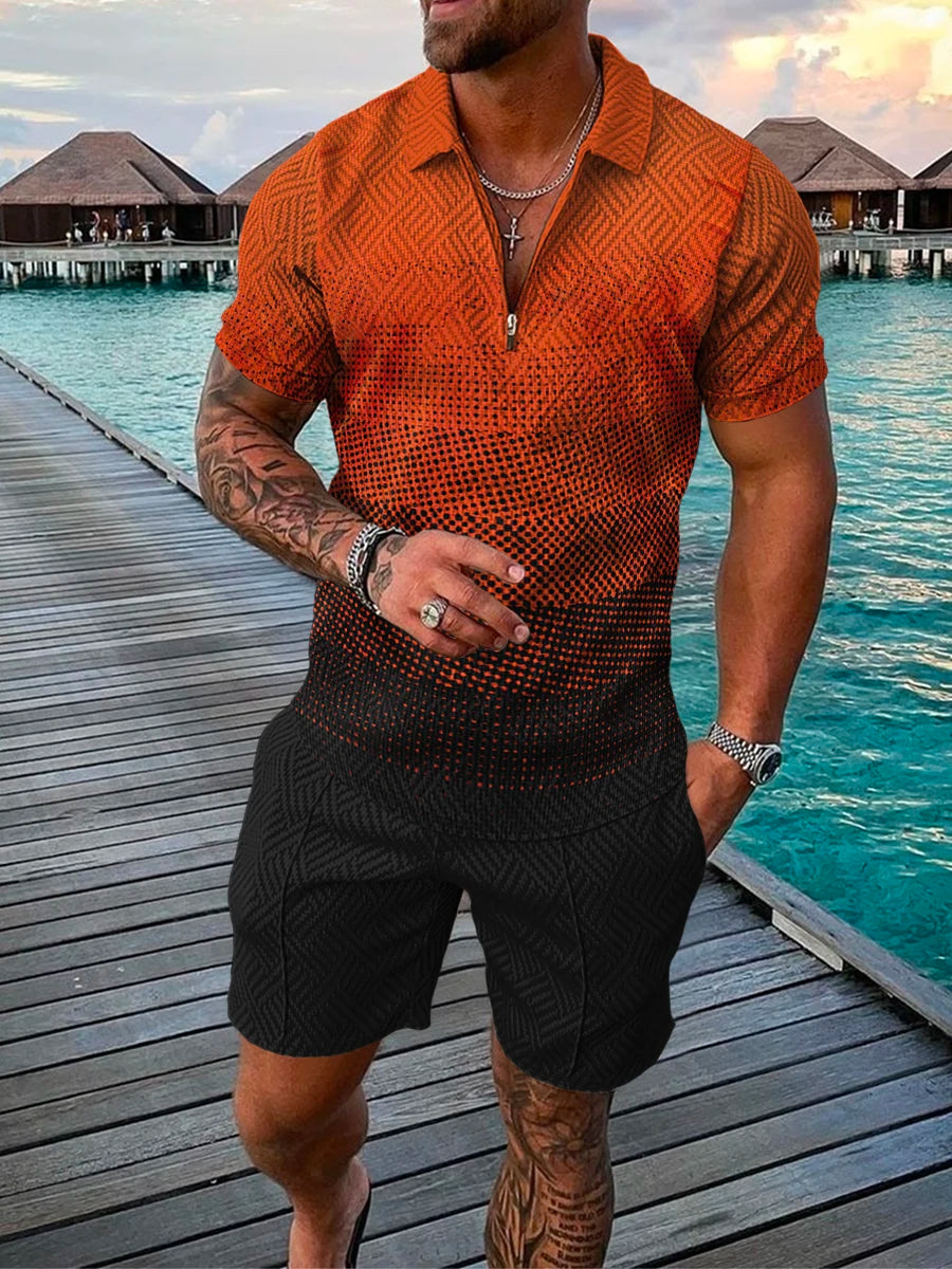 2023 New Men's Shorts Set Sleeve Zip Polo Shirt Street T-shirt Two Piece Casual Sportswear Ropa Hombre  Vintage Print