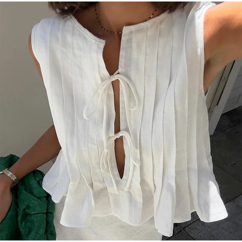 Elegant White Set 2 Piece Woman Chic Lace Up O Neck Ruffled Edge Short Top New In Matching Sets 2024 Summer Female Street Outfit