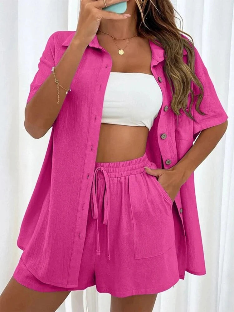 Solid Single Breasted Shorts Set 2024 Summer Women's Suit Casual Loose Women 2 Piece Set Outfit Women Clothing