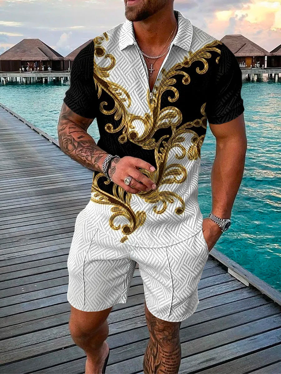2023 New Men's Shorts Set Sleeve Zip Polo Shirt Street T-shirt Two Piece Casual Sportswear Ropa Hombre  Vintage Print