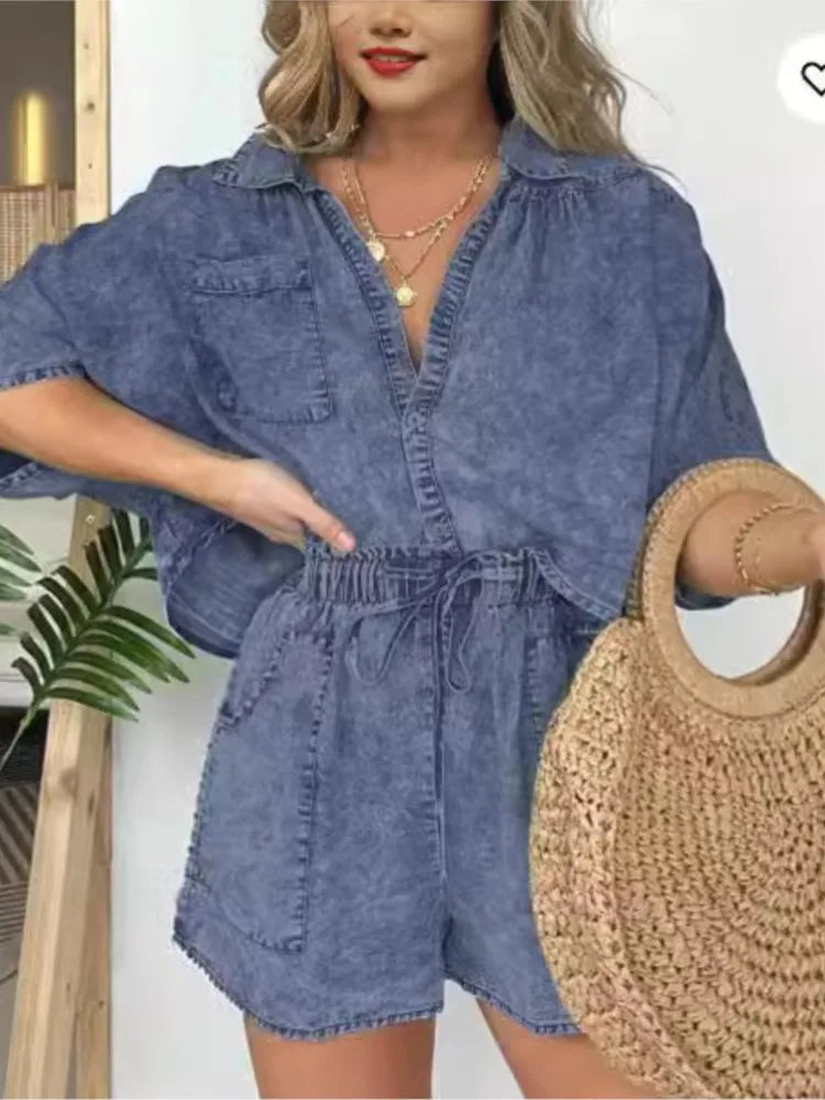 Fashion Vintage Denim Blue Shorts Suit For Women Summer New Simple Fashion Pocket String Casual Loose Tops 2 Piece Set Female