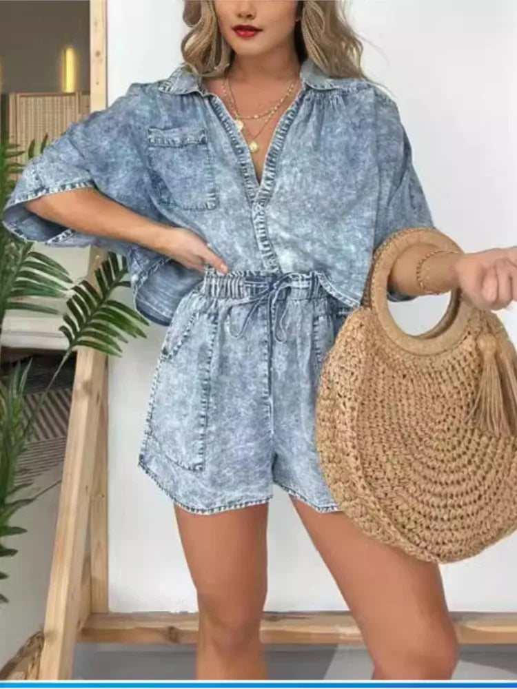 Fashion Vintage Denim Blue Shorts Suit For Women Summer New Simple Fashion Pocket String Casual Loose Tops 2 Piece Set Female